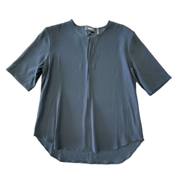 Theory Sz S women Blouse Antazie Keyhole Short Sleeve Black Capsule Minimalist - Picture 3 of 5